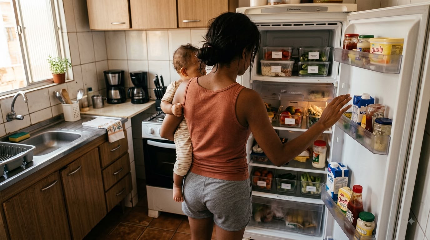 Mãe com o bebê no colo, parada diante da geladeira aberta, sem saber o que oferecer