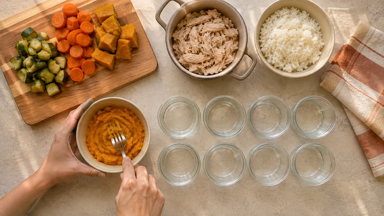 Bancada de domingo: legumes cozidos, frango desfiado, arroz e os potinhos vazios esperando para serem porcionados